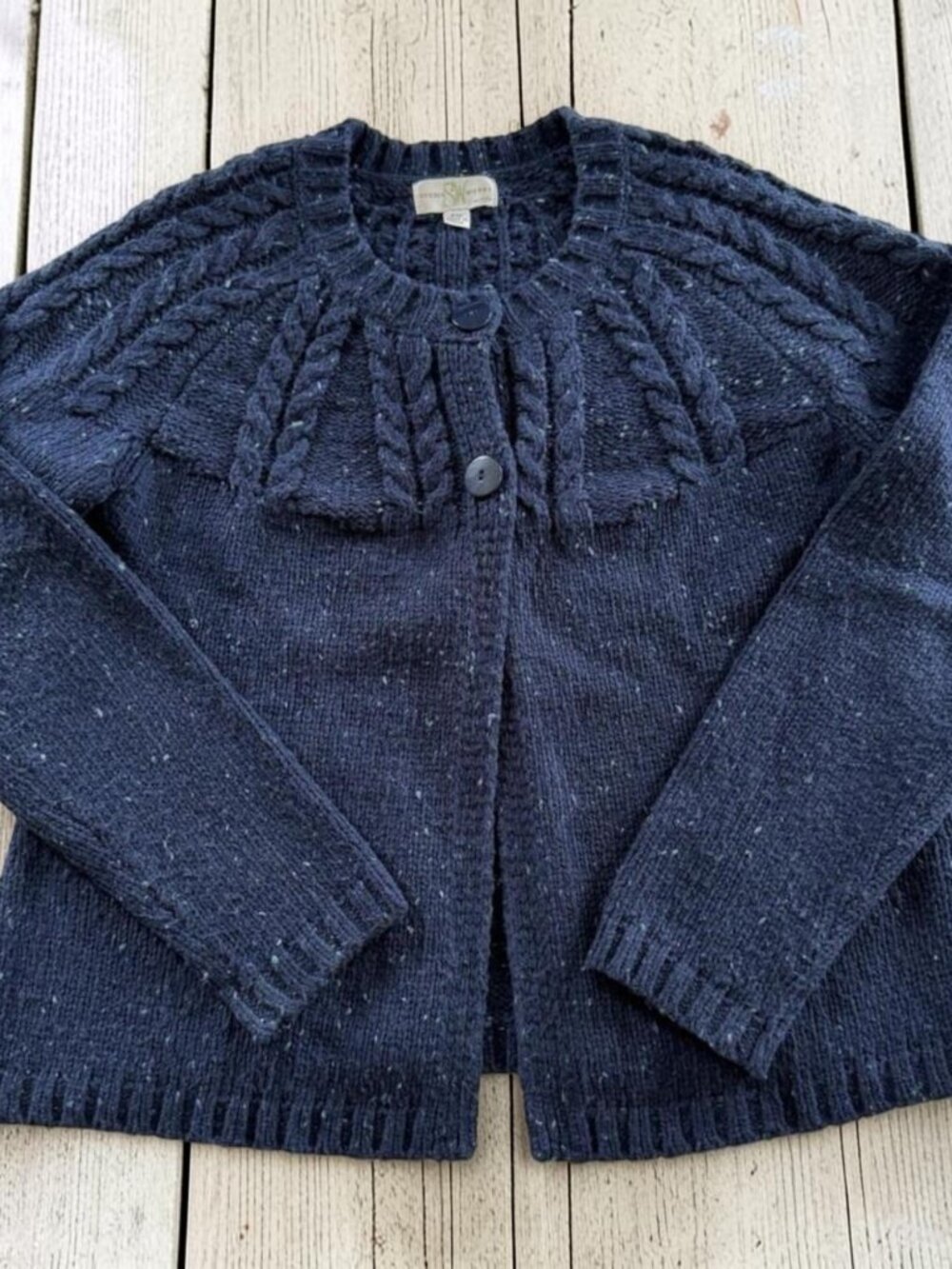 Studio Works Petite Cardigan PM Navy Cable Knit Yoke Sweater Cottagecore‎